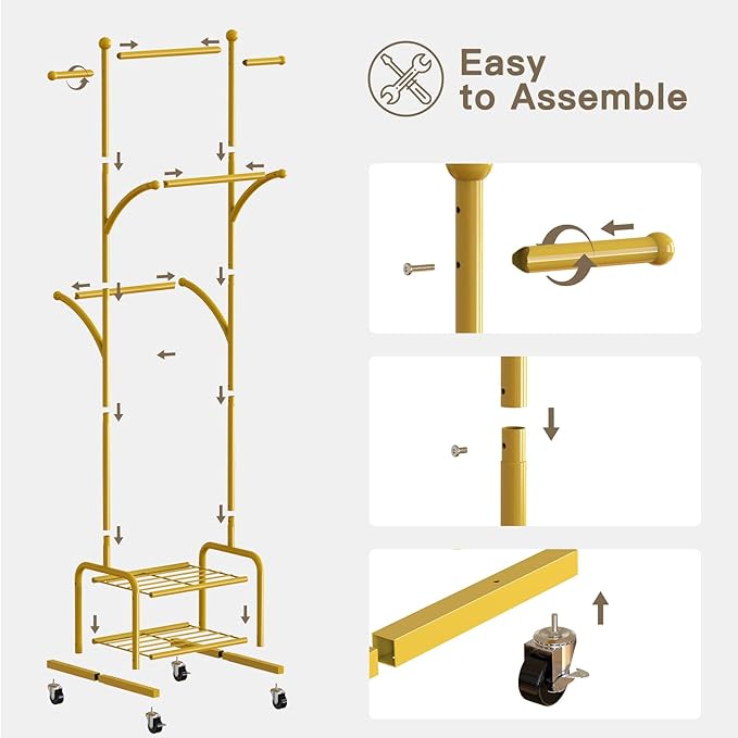 Rolling Clothes Rack with 2 Shelves, Small Gold Clothing Rack with Wheels | Gasvadivum 71" Tall Sturdy Metal Garment Rack with 3 Hanging Rods, Freestanding Portable Coat Rack for Bedroom, Entryway