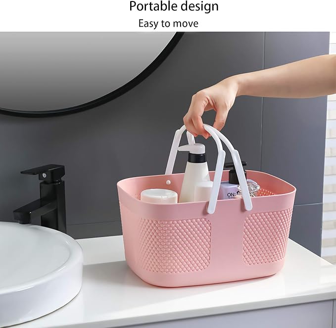rejomiik Portable Plastic Shower Caddy Basket Organizer with Handles, Pink | Large Capacity Storage Tote for Bathroom, College Dorm Essentials, Bath Toy Storage, Kitchen