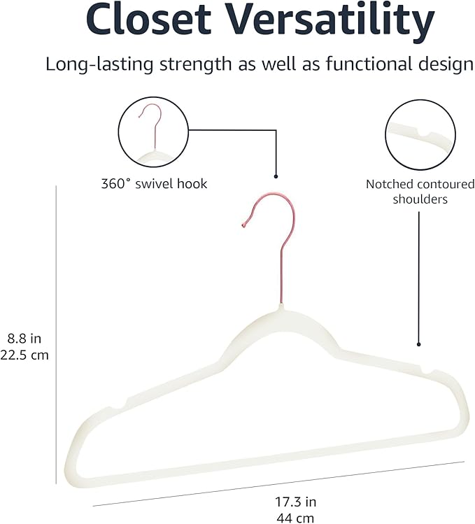 Amazon Basics Slim Velvet Non-Slip Space Saving Suit Clothes Hangers for Closet Organization, Ivory/Rose Gold, 100-Pack