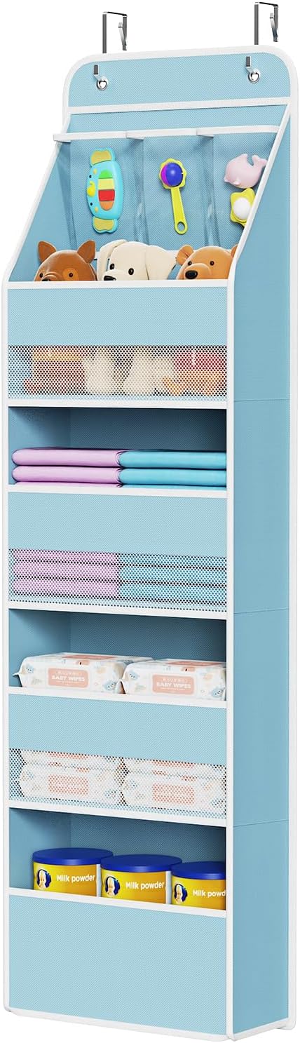 Univivi Fabric Over Door Hanging Organizer for Baby Nursery, Blue, 5-Shelf | Door Storage with Large Capacity Breathable Mesh Pockets, Over the Door Baby Organizer for Baby Essential, Bedroom, and Dorm