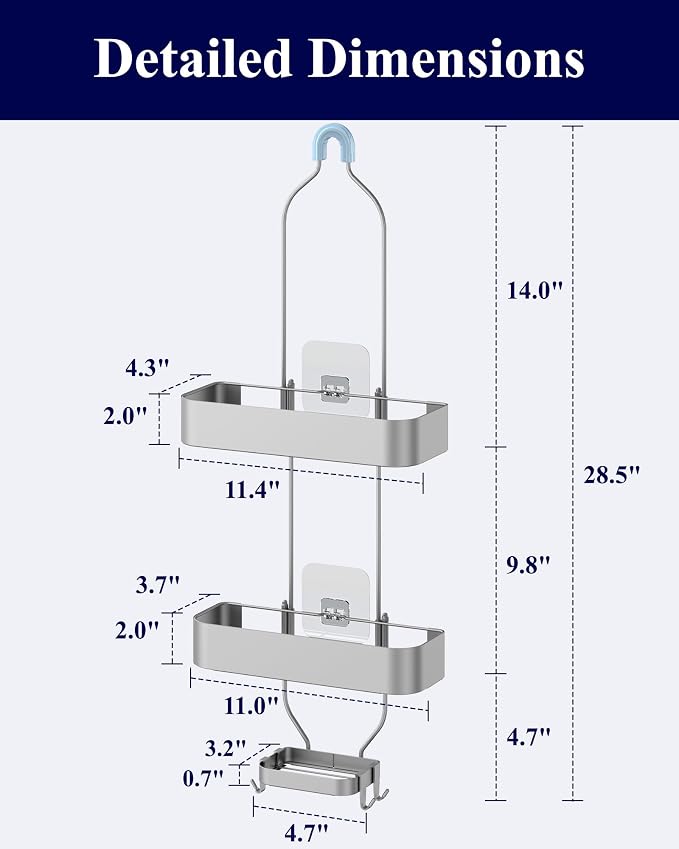 Kitsure Shower Caddy Hanging, No-Drill Bathroom Shelves, Silver, 28.5" H | Bathroom Organizers and Storage, Wobble-Free Shower Organizer with Adhesive Tapes, Rust-Proof Shower Storage for Toiletries