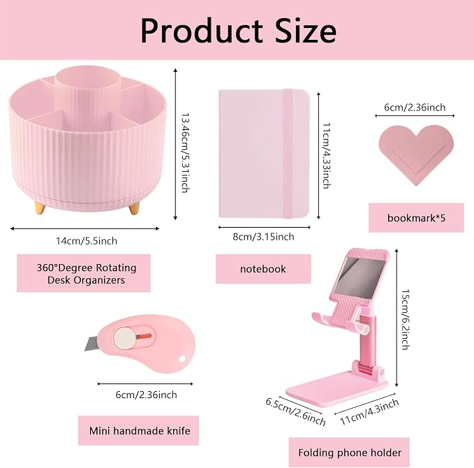 Office Supplies,Pink Desk Accessories,Desk Organizer,Stapler,Tape Dispenser,Folding Phone Stand,Scissors,Notebook,Staple Remover,Staples,Clear Tape,Sticky Notes,Clips,Cool Pen,Bookmark,Ect.22pcs