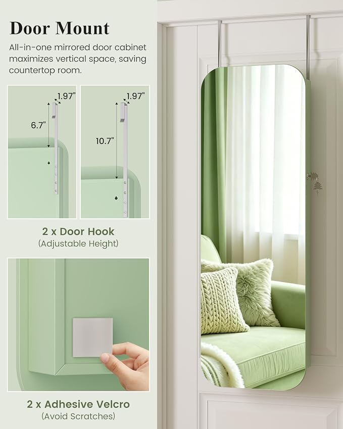 6 LEDs Mirror Jewelry Cabinet Door Hanging, 42.5", Lockable, Green | Jewelry Organizer with Full Length Mirror, Wall Mounted Large Jewelry Storage for Earrings, Rings, Necklaces
