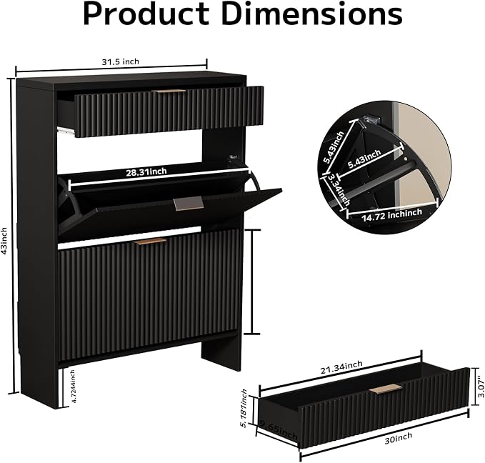 Fluted Shoe Cabinet Storage with 2 Flip Drawers & 1 Drawers, Wood Narrow Hidden Shoe Cabinet for Entryway, Freestanding Slim Shoe Rack Organizer for Foyer Hallway Living Room(Black)