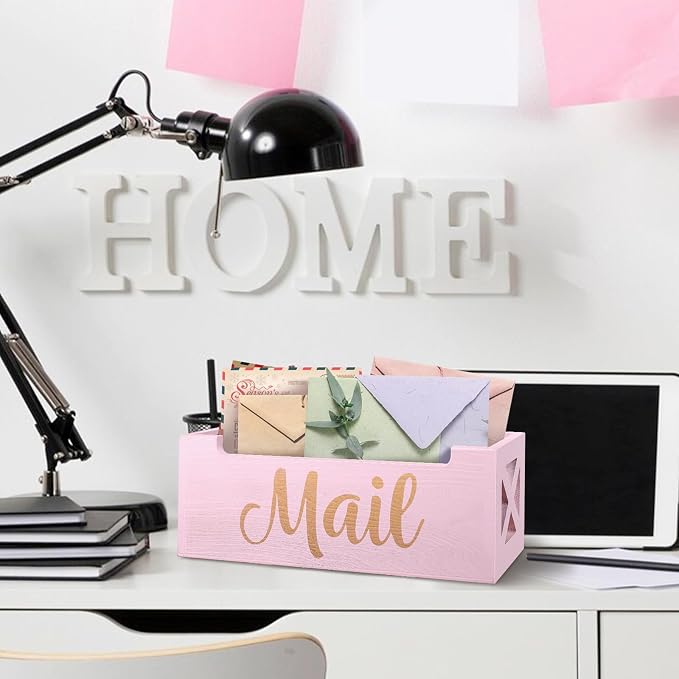 Wooden Mail Organizer Countertop | Pink Cute Mail Holder for Wall | Rustic Desk Mail Sorter Basket Letter Holder for Home Office Entryway Decor