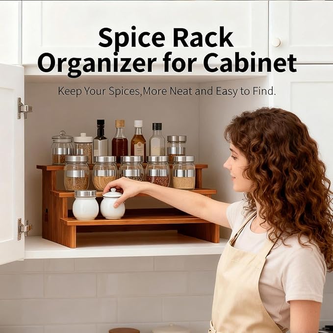 JinDoWin 2 Pack Spice Rack Organizer for Cabinets,Countertop & Pantries | 3-Tier stepped design for clear visibility & easy access,Dark Bamboo Seasoning Organizer,Kitchen Cabinet Organizer