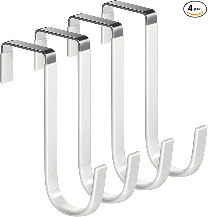 Single Over Door Steel Hooks 4 Pack Fit 1-3/8" Door 5" White | Plastic Coated Rubber Feel Towel Rack Robe Coat Shoe Wreath Hanger No Damage No Scratch for Bathroom Heavy Duty Thin Top