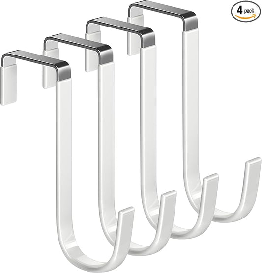 Single Over Door Steel Hooks 4 Pack Fit 1-3/8" Door 5" White | Plastic Coated Rubber Feel Towel Rack Robe Coat Shoe Wreath Hanger No Damage No Scratch for Bathroom Heavy Duty Thin Top
