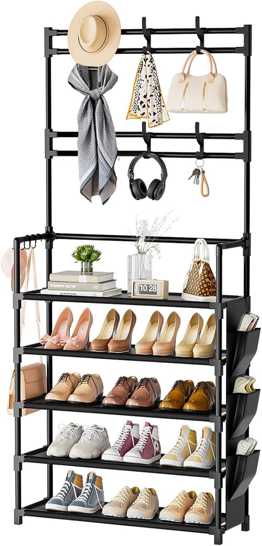 Shoe Rack 5 Tier Shoe Organizer Storage 15-20 Pairs for Closet Entrance | Stackable & Detachable Shelf with Hooks and Side Pocket Entryway Shoe Holder Space Saving Closet Organizers and Storage