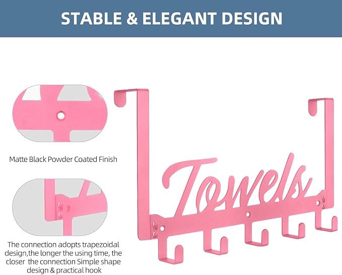 Azmoncy 2 Pack Over The Door Hooks, Towel Rack for Bathroom, Over Door Hanger with 10 Coat Hooks for Bedroom Bathroom, Pink