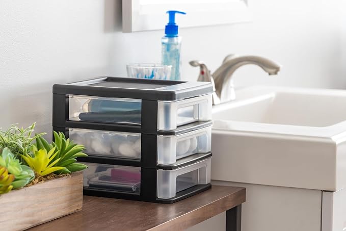 IRIS USA 2-Pack, 3-Drawer Small Plastic Stacking Desktop Organizer, Black | Organize office supplies, stationery, makeup, craft materials and everyday essentials for neat desktop storage