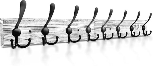 IBosins Wall Mounted Coat Rack, 31.4" Long with 8 Black Rustic Tri-Hooks | Vintage White Rustic Wood & Aluminum Coat Rack for Coat, Bag, Towel, Key, Hat, Umbrella