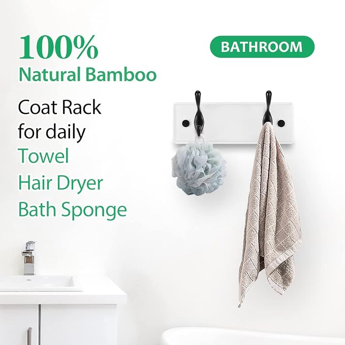 Badiano Wooden Coat Rack, Wall-Mounted Organizer for Closet, Entryway, Hallway, Foyer, Bedroom, Heavy Duty Double Hooks for Hanging Towels, Bags, Hats, Jackets, Key (WhiteBlack, 2 Hooks)