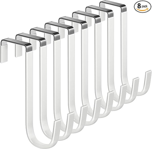 Single Over Door Steel Hooks 8 Pack Fit 1-3/8" Door 5.5" White | Plastic Coated Rubber Feel Towel Rack Robe Coat Shoe Wreath Hanger No Damage No Scratch for Bathroom Heavy Duty Thin Top