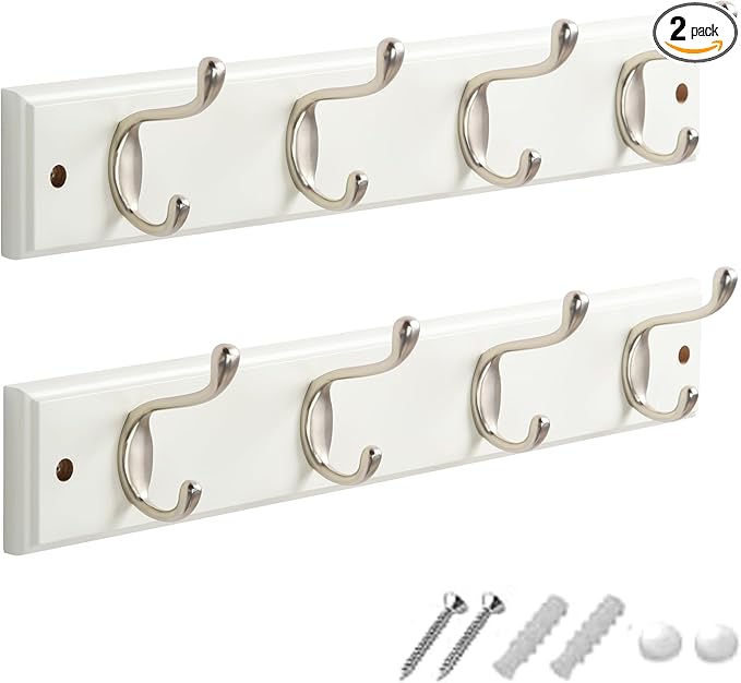 GlazieVault Coat Hooks Wall Mounted - MDF Board Nickel Hook Coat Rack(2 Pack) - Heavy Duty White -Coat Hooks for Wall Clothes Hooks and Wall Hooks