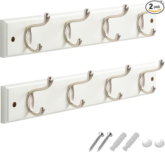 GlazieVault Coat Hooks Wall Mounted - MDF Board Nickel Hook Coat Rack(2 Pack) - Heavy Duty White -Coat Hooks for Wall Clothes Hooks and Wall Hooks