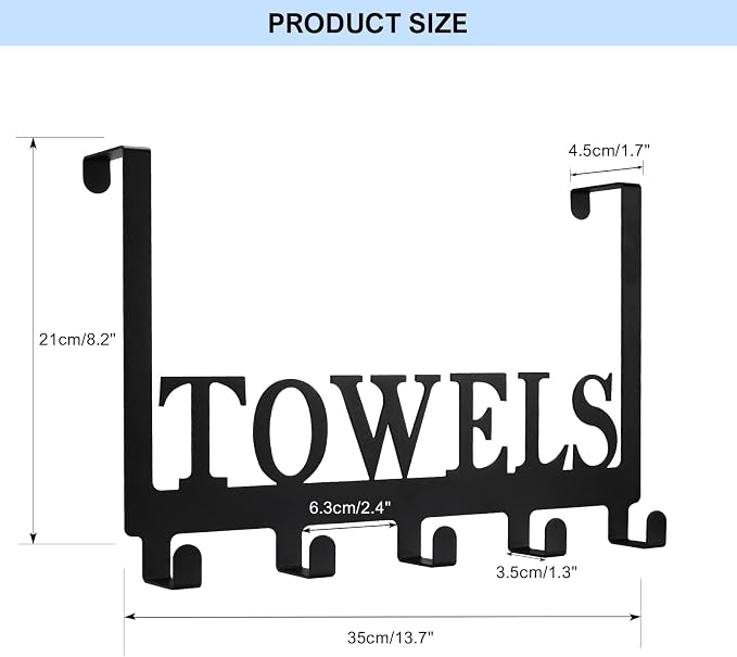 Azmoncy Over The Door Hooks, Towel Rack for Bathroom Towel Holder for Hanging Heavy Duty,Towel Hanger with 5 Hooks for Bedroom Bathroom Kitchen, Black