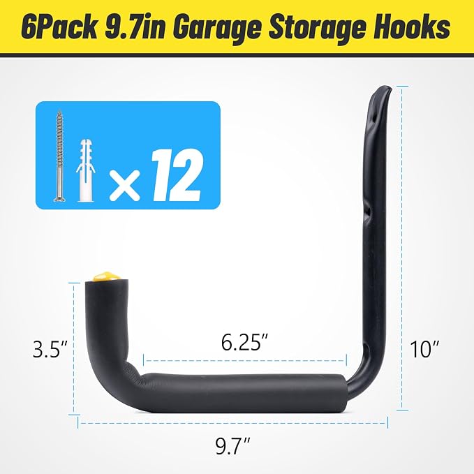 GEEDAR Heavy Duty Garage Storage Hooks -75 LB Capacity, 6packs, 9.8" Wall Mounted Rack for Hanging Paddle Board, Ladders, Bikes Enforced Kayak Storage Hanger
