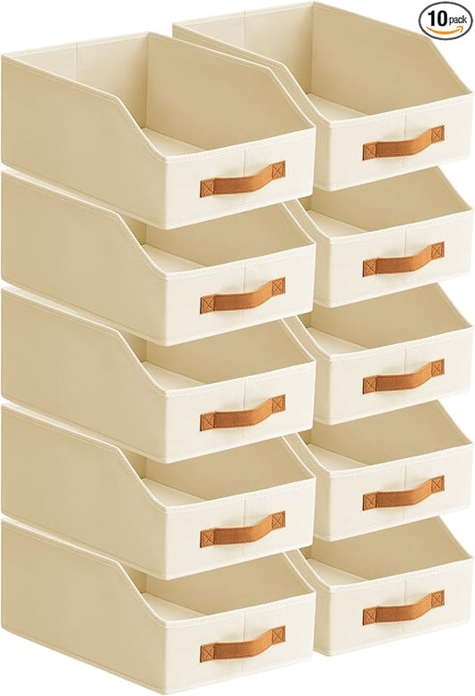 Fabric Storage Bins for Organizing - 10 Pack Large Trapezoid Collapsible Storage Bins with Front Handle, Closet Organizers and Storage for Bedroom, Home Shelves, Small Spaces, Beige
