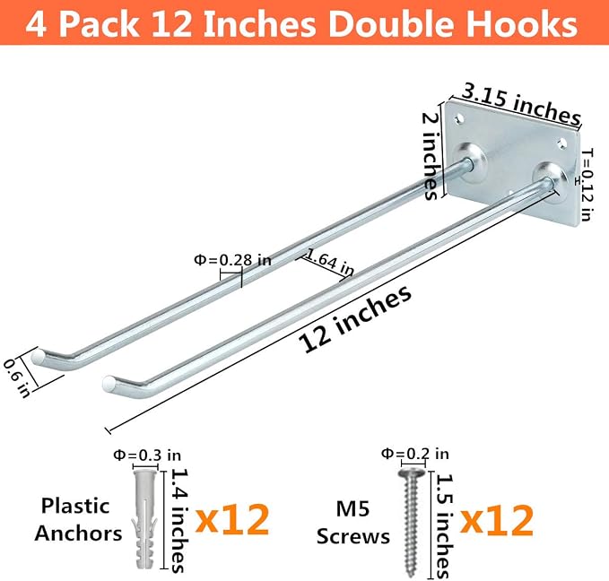 Wall Mounted Steel Long Handled Tools Storage Hooks, 12 Inch Steel Garage Utility Double Rack Organizing Ladders, Rakes, Hose, Shovel, Brooms, Max Capacity 55Lbs (Pack of 4)