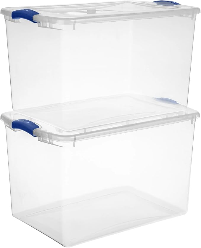 Large Storage Bin with Latch Lid (4 Pack) – 66 Quart Clear Plastic Storage Container, Blue Latches, Stackable Bins for Home Organization