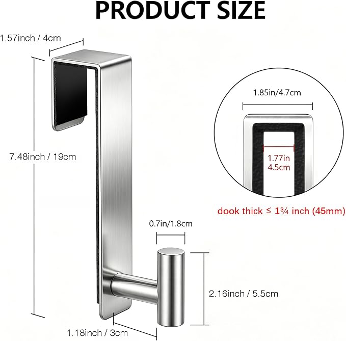 WUIVIUT Heavy Duty Over Door Hooks - Fits 1.77" Wide Hanger, Towel Door Hook for Clothes, Robe, Coats, Bags (Silvery, T Shape 2 Pack, Fits 1-3/4'' Thick)