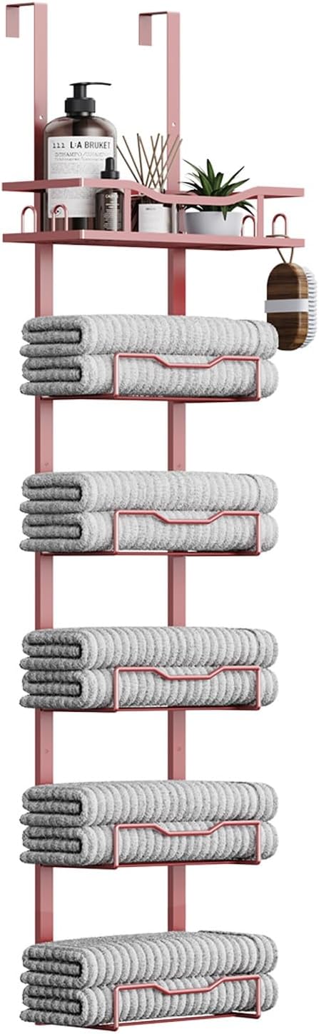 Aetyord Hanging Towel Racks for Bathroom Storage | 6-Tier Over The Door Bath Towel Storage Organizer with Metal Shelf Basket for Small Bathrooms RV Camper Rose Gold