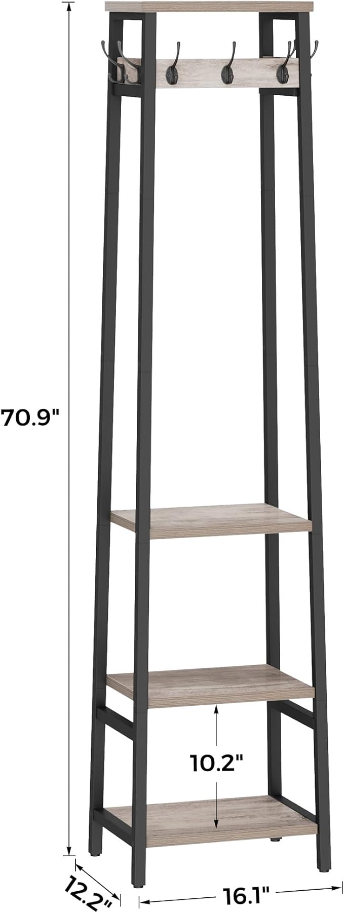 Coat Rack Freestanding with 3 Shelves and 7 Hooks | Coat Stand, Hall Tree Free Standing, Clothes Rack Stand Organizer, Industrial Style, Greige and Black