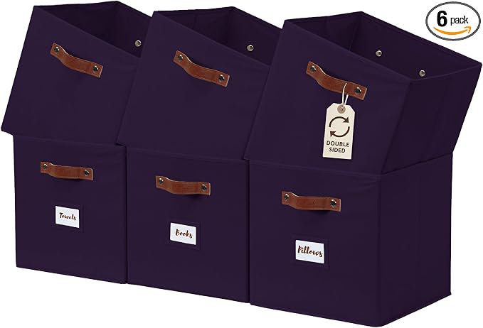 DECOMOMO Storage Bins, Cube Storage Bin with Labels | 10.5" x 11" Fabric Storage Cubes for Shelves (6pcs, Deep Voilet)