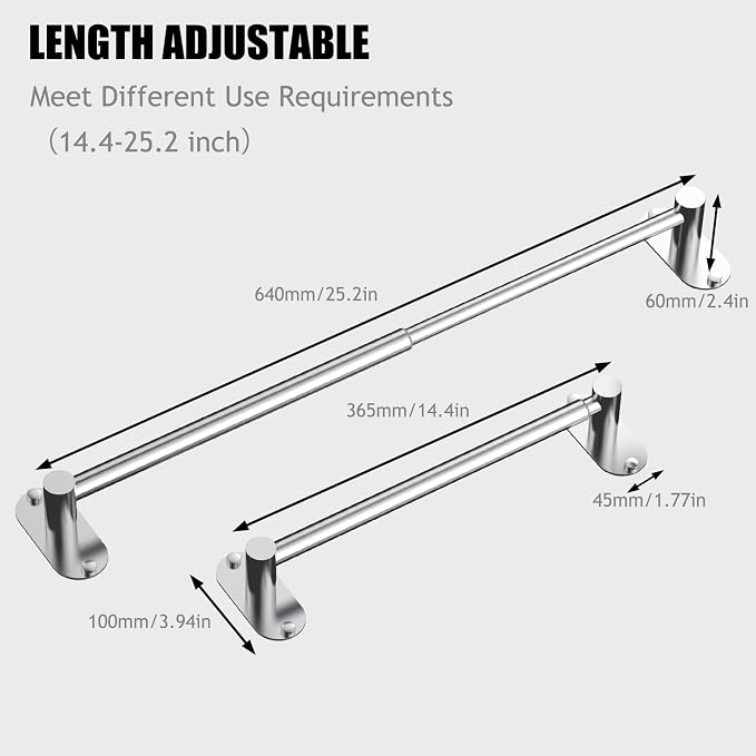 Towel Bar, Adjustable 14.4inch - 25.2inch Towel Rack, Self Adhesive Wall Mounted for Bathroom Kitchen Hand Towel Holder Cloths Hanger 304 Stainless Steel Organizer Single Bar (1, Chrome)