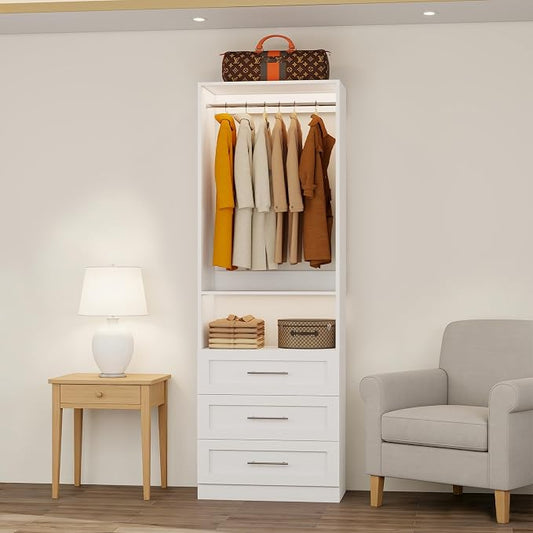 Closet System with 3 Drawers, 2FT-5FT Closet Organizer System with Hanging Rods& Shelves, Fits Small Walk-in Closet, Modular Closet Tower, Wood Closet Storage System, White