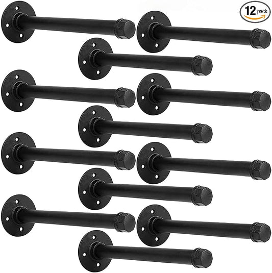 ndustrial Black Iron Pipe Shelf Brackets - Wall Mount DIY Shelving Brackets Pipe Decor Wall Rustic Garment Rack Hardware Included, 10 Inch Set of 12