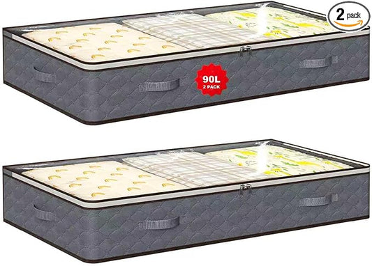 90L Under Bed Storage Containers,2-Pack Closet Organizer Storage Bins,Grey | for Organization and Storage Clothes, Shoes, Blankets & Pillows,Visible Transparent Top Storage Bins with Lids