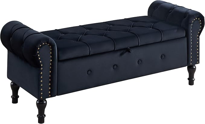 Storage Bench 51" Velvet End of Bed Benches Black | Queen Size Storage Bench for Bedroom with Rolled Arms Tufted Ottoman Benches Upholstered Bench for Living Room Entryway