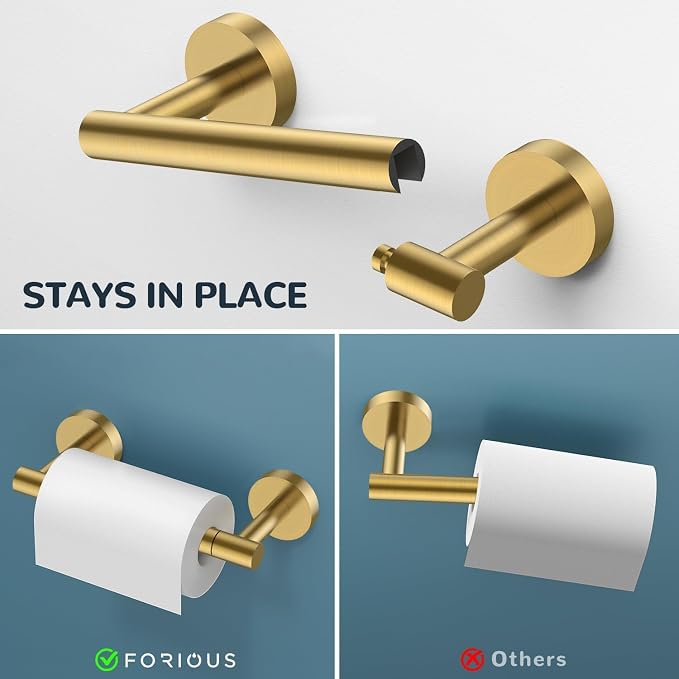 FORIOUS Bathroom Accessories, 4-Piece Bathroom Hardware Set - 18" Towel Bar | Brushed Gold | Towel Hooks, Towel Racks for Bathroom, Toilet Paper Holder Wall Mounted & Towel Ring | SUS304 Stainless Steel