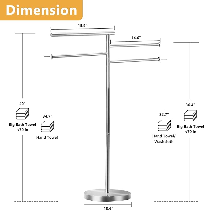 Freestanding Towel Rack, 40 Inch Tall Standing Towel Racks for Bathroom with Weighted Base, Modern Floor Towel Drying Holder Stand with 4 Swivel Arms, Stainless Steel, Chrome, YOFOVI
