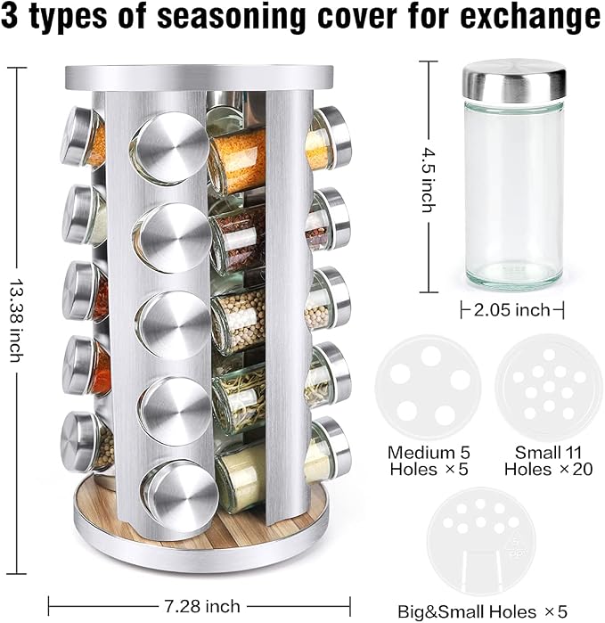 CANTAMI Spice Rack Organizer with Jars for Cabinet(20Pcs), Revolving | Stainless Steel/Wooden Countertop Rack Tower Organizer for Kitchen Pantry with Reusable Labels/Funnel/Brushes