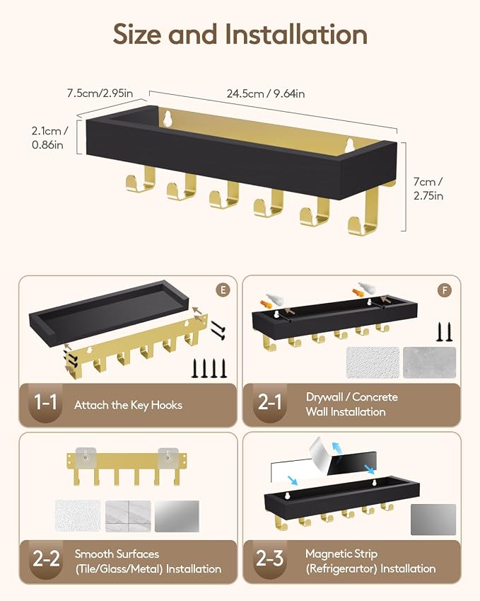 Key Holder Wall Mount Magnetic Adhesive - Key Hooks Rack with shelf | Key Hanger with Mail Organizer for RV Camper Fridge Living Room Decor, Home Essentials, Black Gold