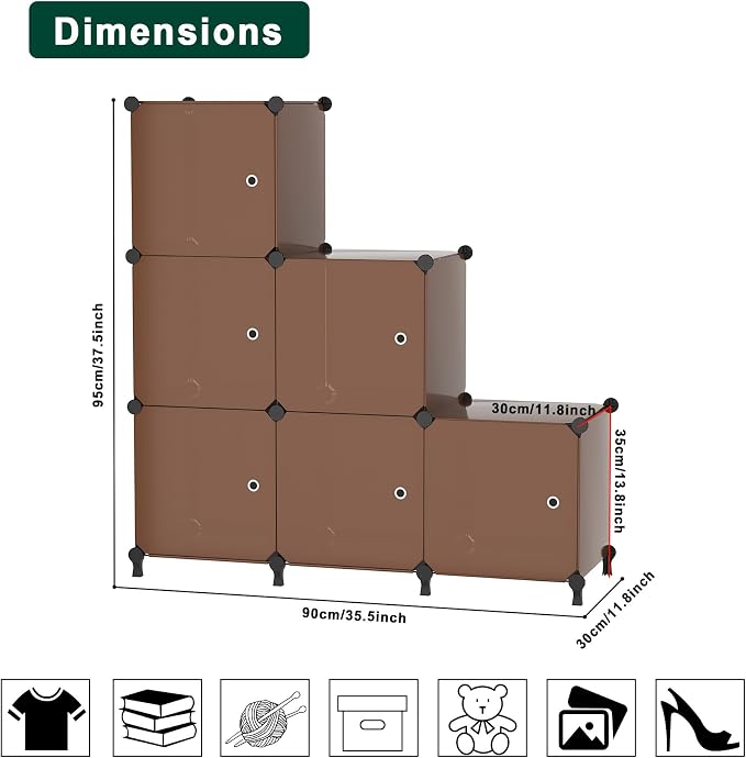 6Cube Storage Organizer Modular Stackable with Doors Brown | Sturdy plastic 6-cube cabinet with doors, 30x30x30cm per cube, tool-free snap assembly, ideal for bedroom, stairs, closet.