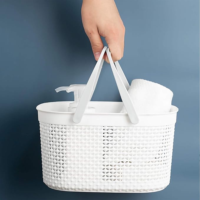 rejomiik Portable Plastic Shower Caddy Basket with Handles, White | Organizer Storage Tote Toiletry Bin for Bathroom, College Dorm Essentials, Kitchen, Camp, Gym