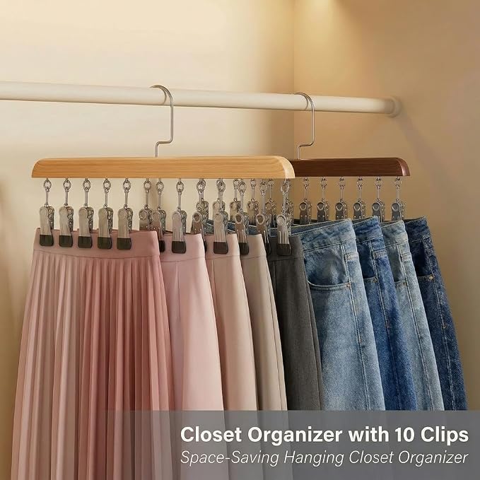 Closet Organizer with 10 Clips, 2PCS Space Saving Hanging Closet Organizer, Space-Saving Hat Scarf Clothespins for Jeans Skirts Socks Leggings Wooden Pant Hangers with Clips(Vintage+Wood)
