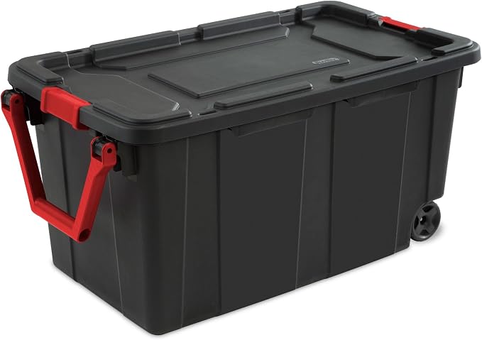 Sterilite Industrial Storage Tote w/Wheels for Garage, 40 Gallon, 8-Pack | Heavy-Duty and Stackable Utility Box Containers for Home, Office, and Basement Organization, Black