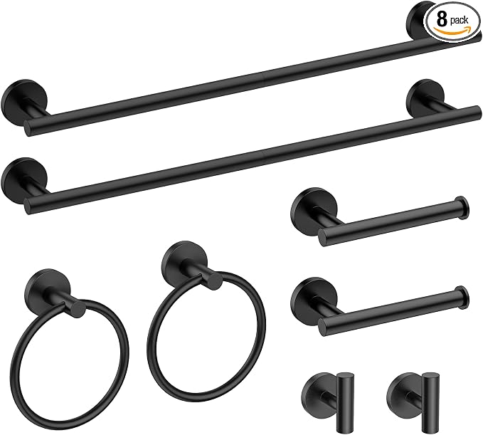 USHOWER 8PCS Matte Black Bathroom Hardware Set, 24-Inch Towel Bar Set | Durable SUS304 Stainless Steel Bathroom Accessories Set, Towel Racks for Bathroom Wall Mounted, Modern Home Decor