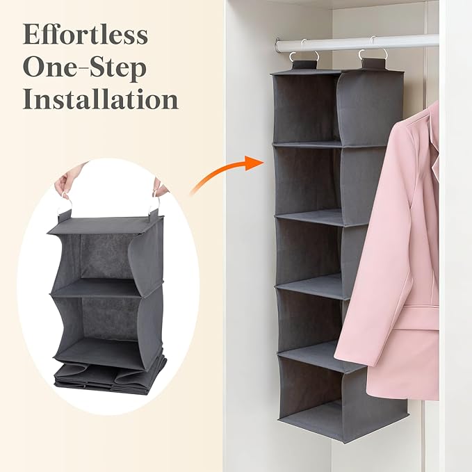Lifewit 5 Tier Hanging Portable Closet Storage Organizer for Shelves, Gray | Foldable Clothes Shelf with 2 Sturdy Hooks, Sweater/Coat/Shoes Clothing Organization for Wardrobe, Dorm, Bedroom
