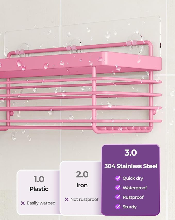 Shower Caddy Adhesive 3 Pack Stainless Steel Storage Organizers-Pink | No drilling wall mounted,rust-resistant,large capacity,quick drainage,easy to clean,suitable for bathrooms and kitchens
