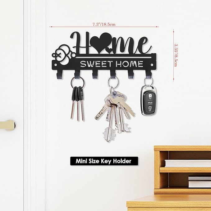 “Home Sweet Home”Key Holder wall Mount(Mini Size:7.3x3.35inches) | Simple Metal Decorative Key Hooks Rack for Entryway Front Door Hallway Garage Office
