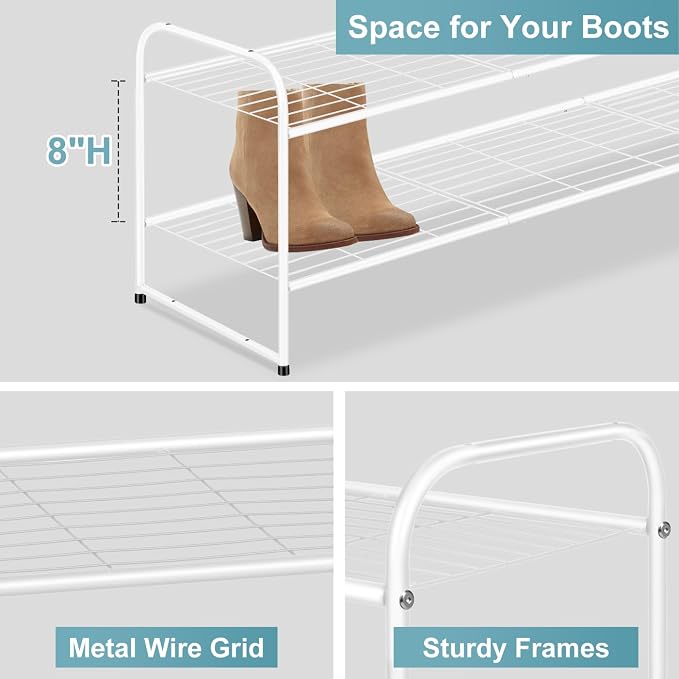 AOODA Long 2 Tier Shoe Rack for Closet Metal Wide Stackable Shoe Storage Organizer for Entryway, Bedroom, Floor, 18-Pairs Low Sneaker Shelf, White
