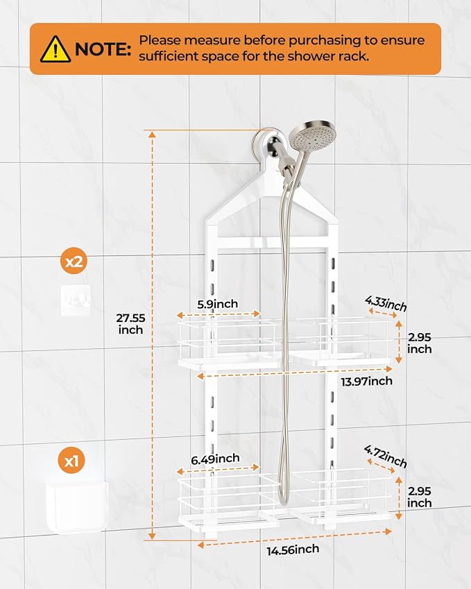 ODesign 2 Tier Shower Caddy for Handheld Shower Heads Anti-Swing White | No drilling required,comes with removable hook and storage box,suitable for handheld and wall-mounted showerheads
