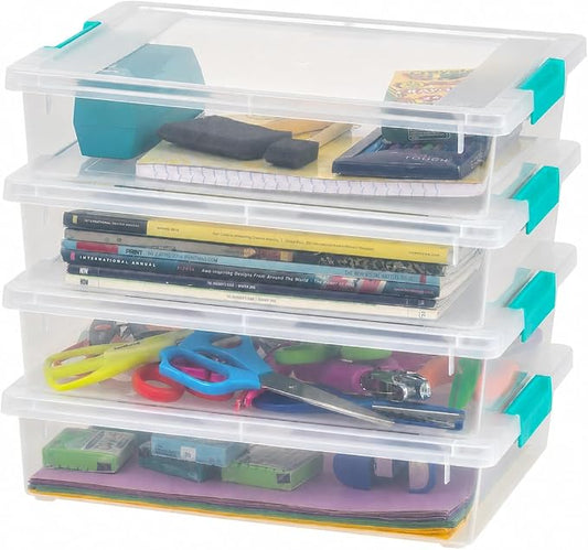 IRIS USA Storage Bins with Lids |Made in USA| 6 Qt - (4-Pack) - Clear | Sensory Craft Organizers, Plastic Clip Box Totes, Flat Containers for Organizing Paper, Office, Art & Study Supplies