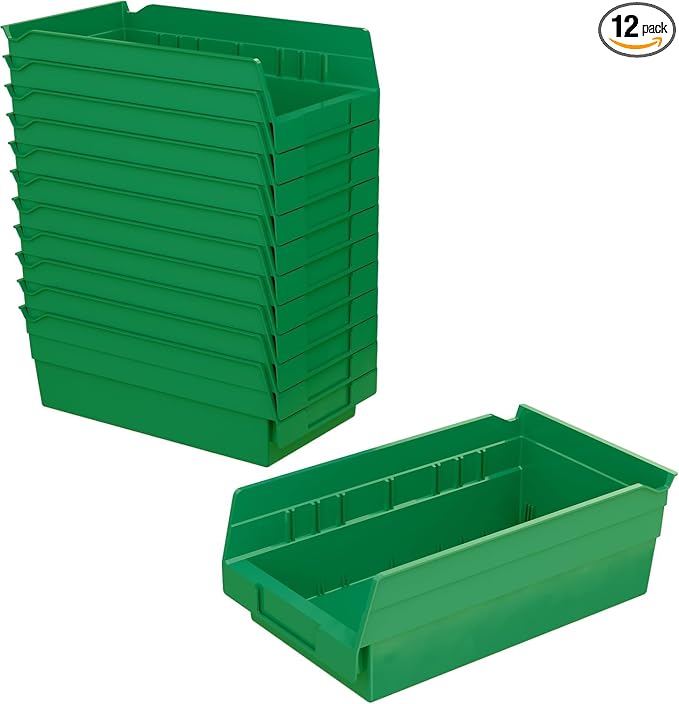 Akro-Mils 30130 Heavy Duty Plastic Shelf Bins, 12"x 6.5"x 4", Green, 12-Pk | Heavy Duty Nesting Storage Bins for Garage, Closet, Refrigerator, Kitchen, Cabinet, Drawer Organization, Pantry Organization